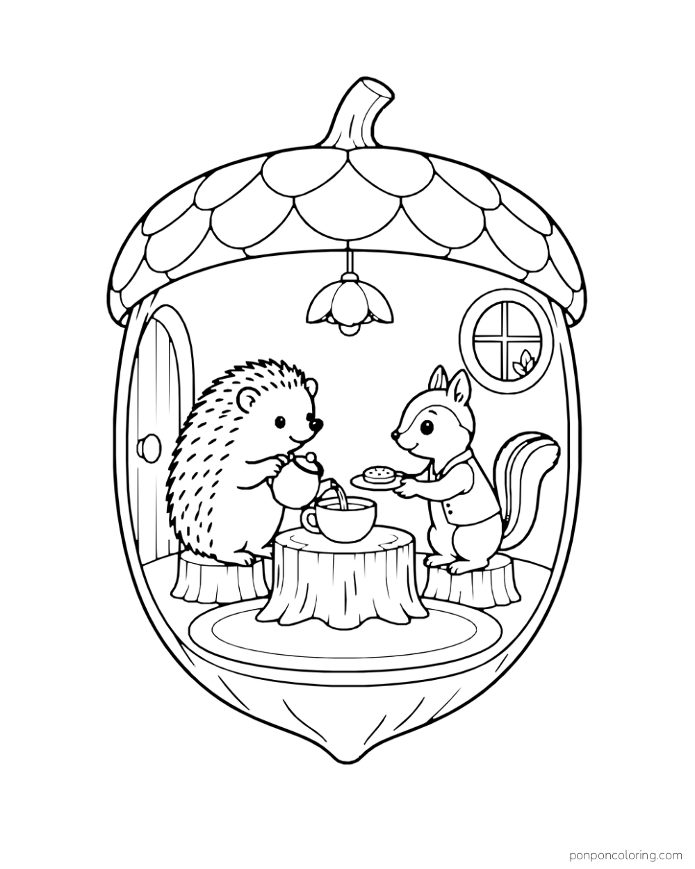 Hedgehog and chipmunk share tea inside an acorn-shaped room.