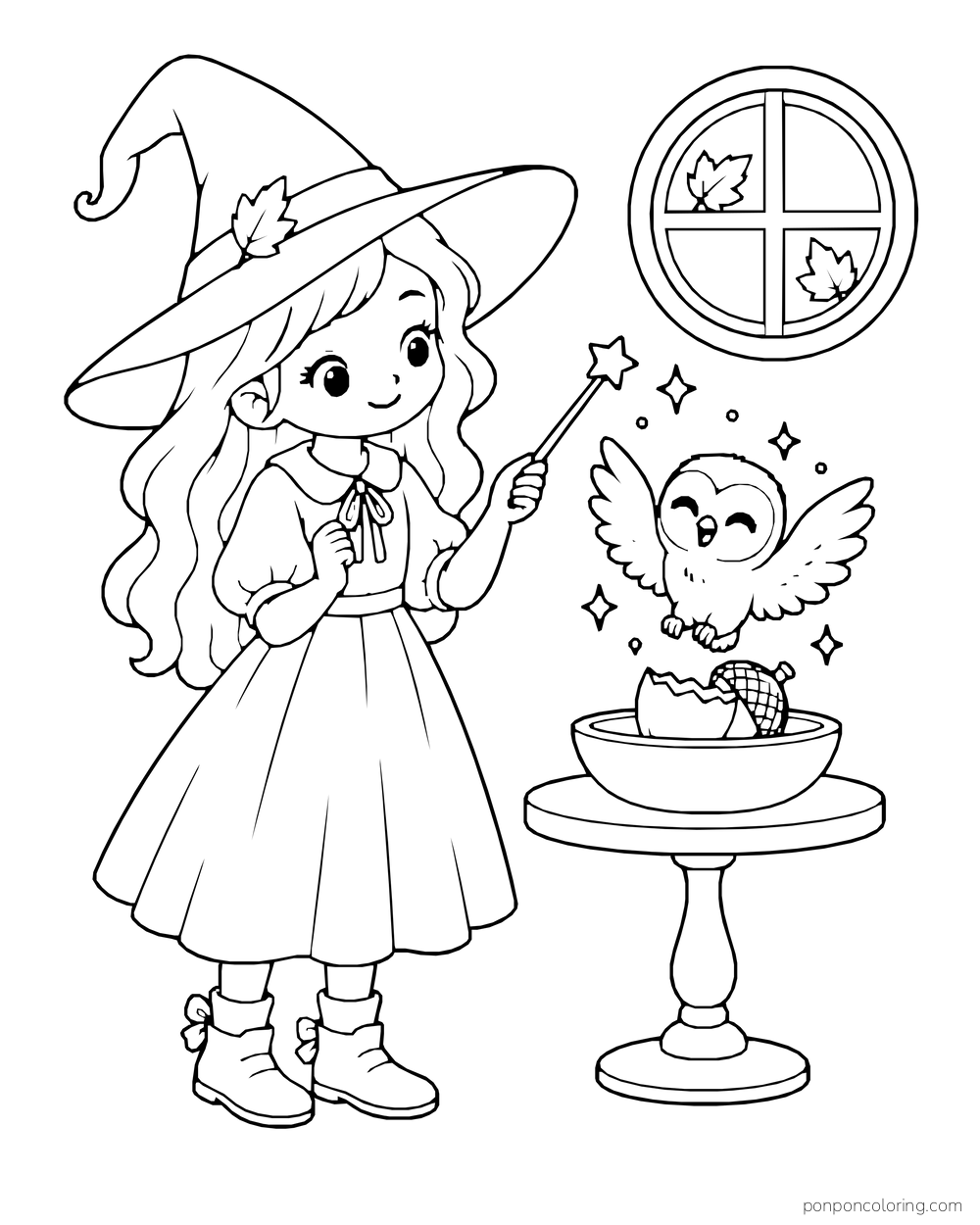 A young witch uses her wand to turn a cracked acorn into a tiny owl above a bowl.