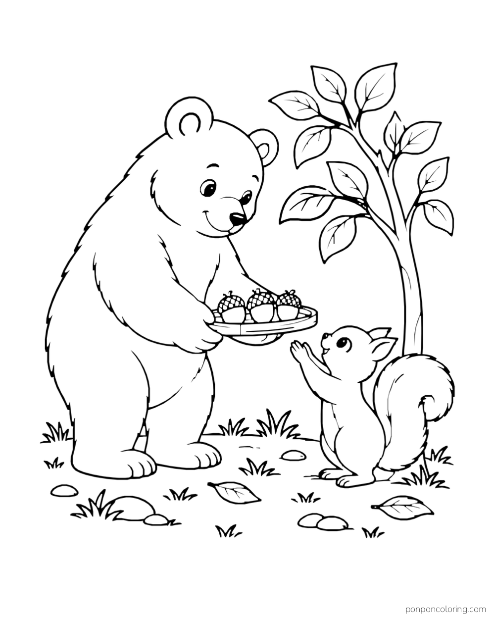 A bear offers a tray of acorns to a squirrel beside a small leafy tree.