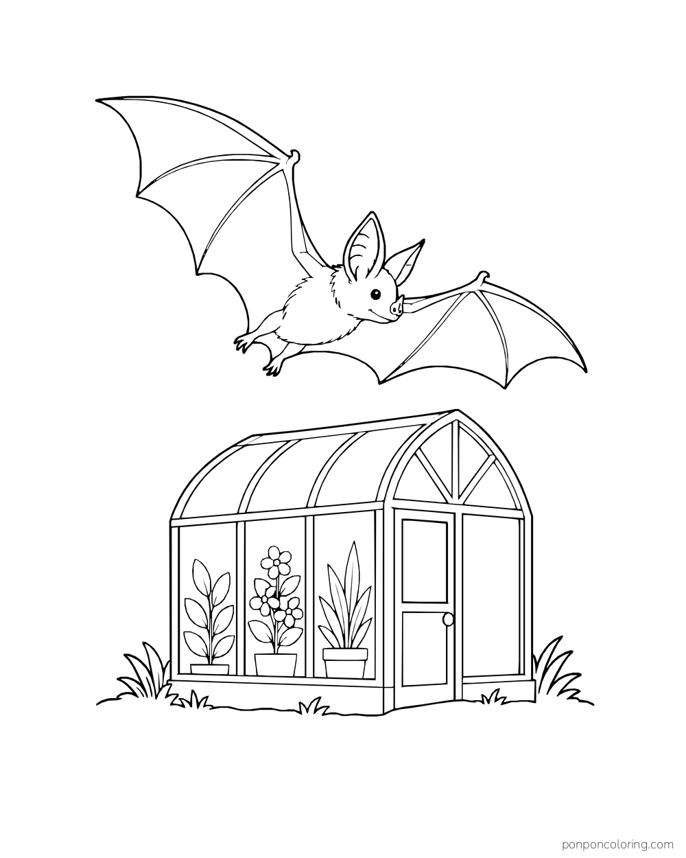 A bat glides above a small curved-roof greenhouse with potted plants visible inside.