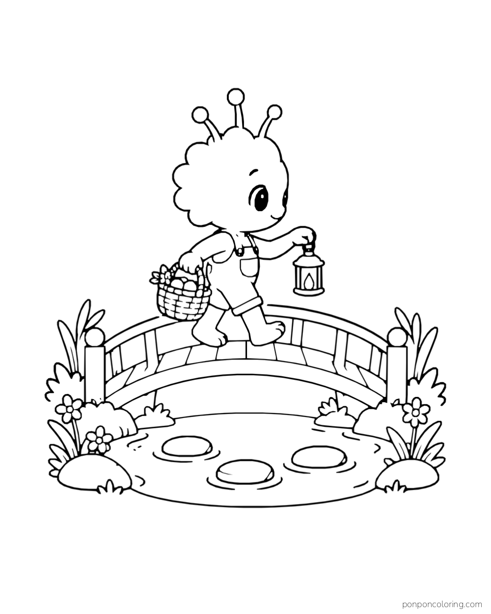An alien carries a lantern and basket across an arched bridge.
