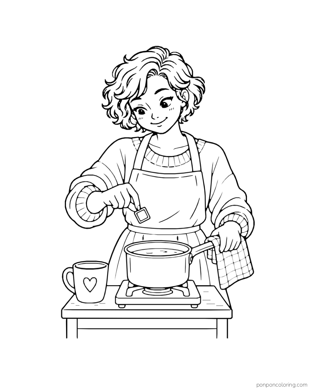 A person drops a chocolate square into a warm saucepan beside a cocoa mug.
