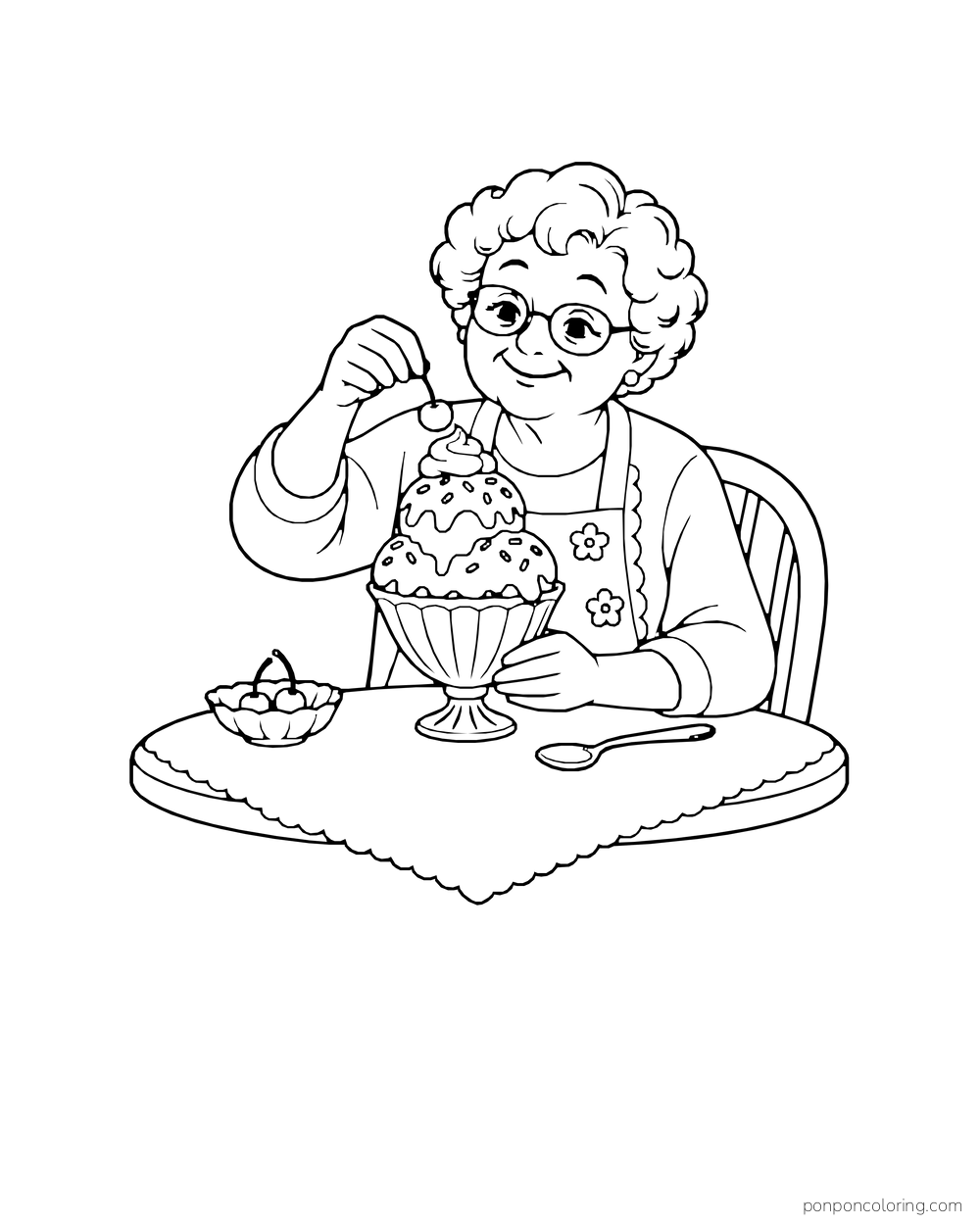 An older woman places a cherry on a tall two-scoop sundae at a small table.