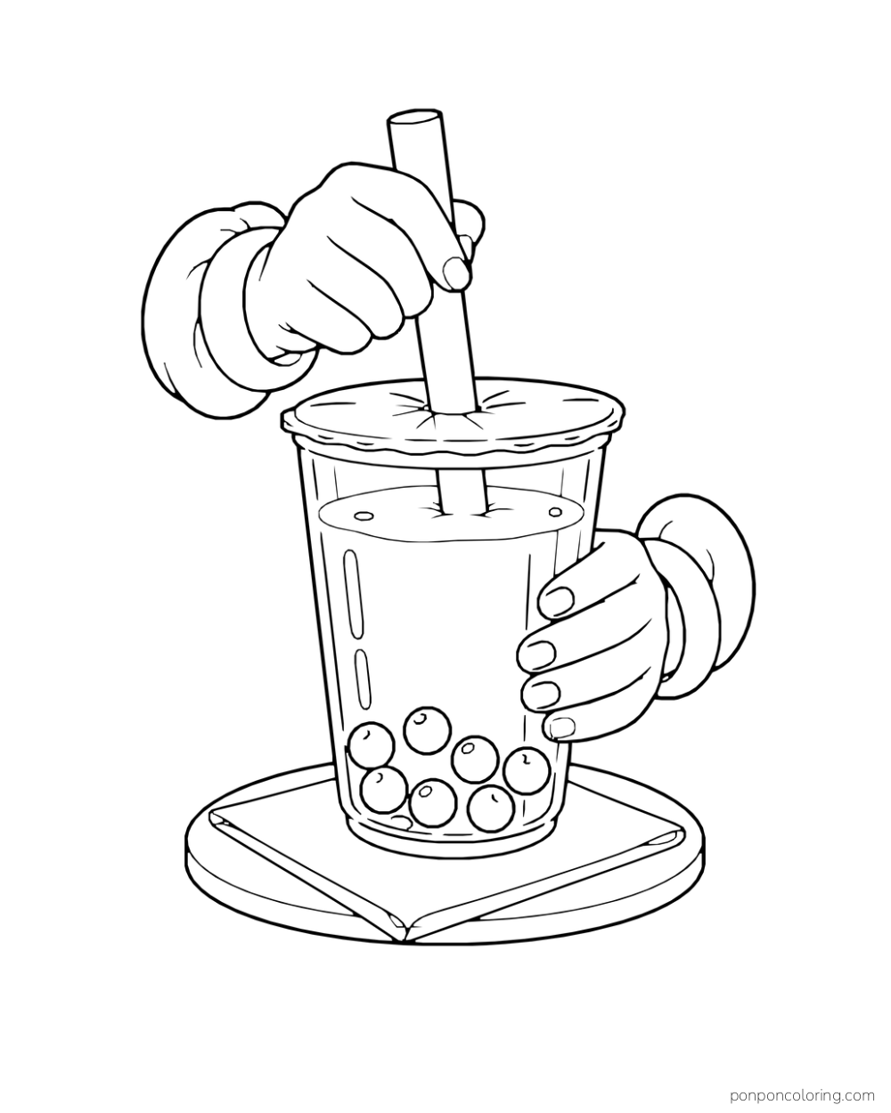 One hand pushes a wide straw through the lid of a boba cup while another steadies it.