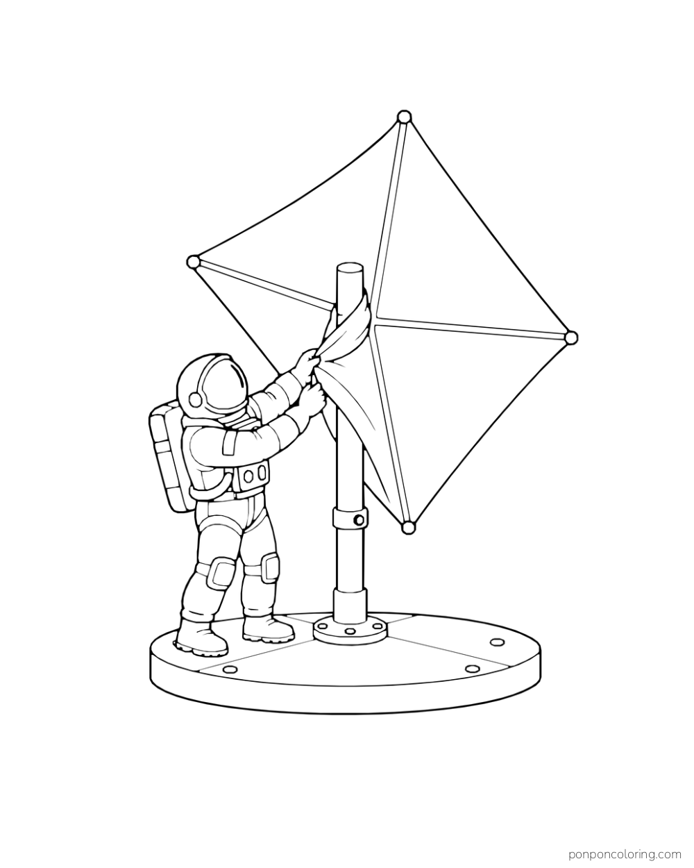 An astronaut reaches up to a broad sail attached to a mast.