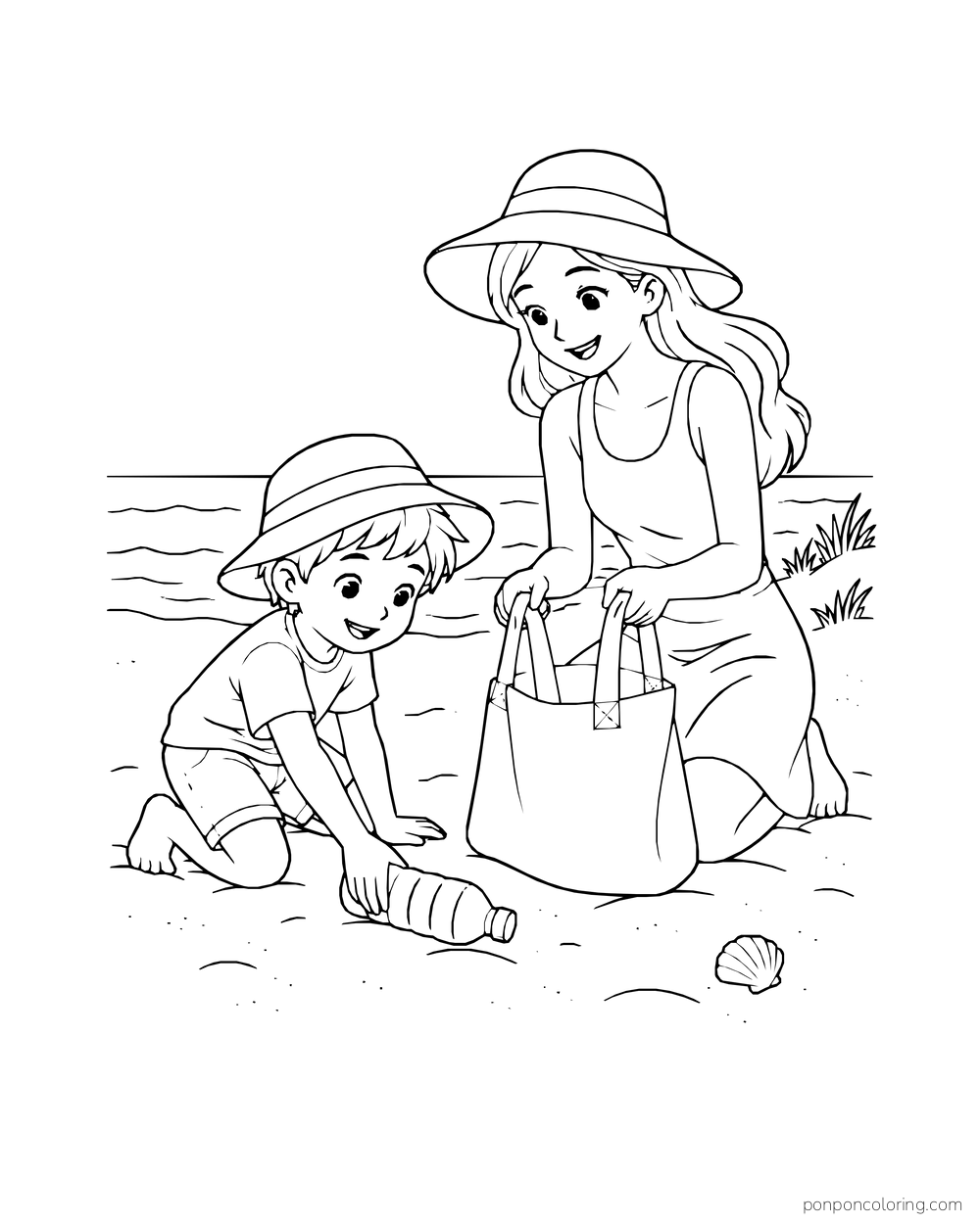 An adult holds a bag while a child picks up a bottle from the beach sand.