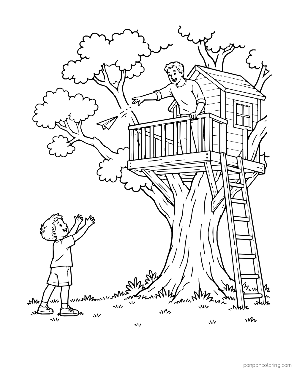 An adult sends a paper airplane from a treehouse deck toward a child below.