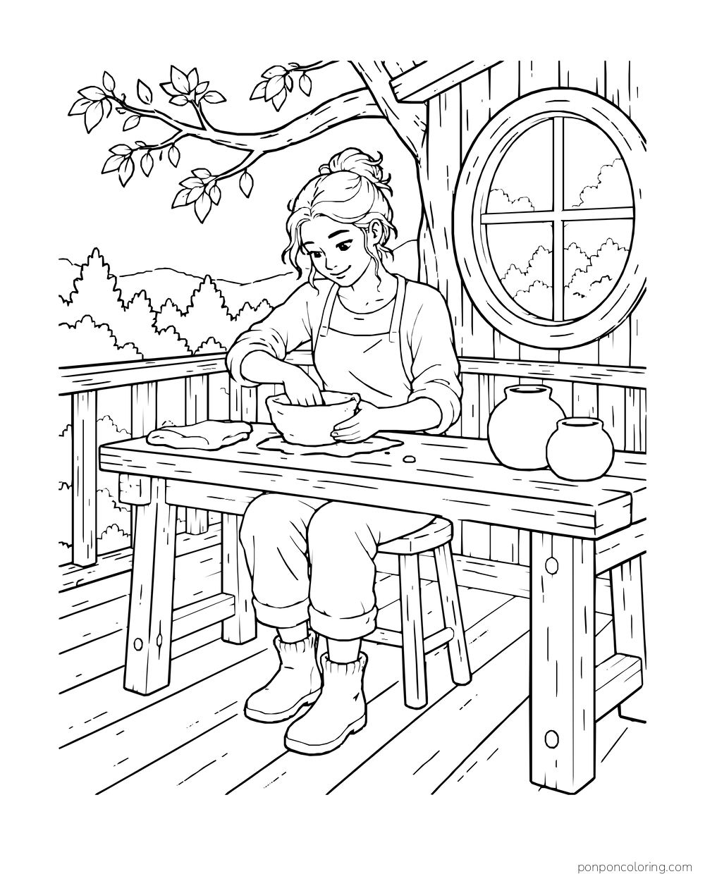 An adult shapes a clay bowl at a treehouse work table beside two finished pots and a round window.
