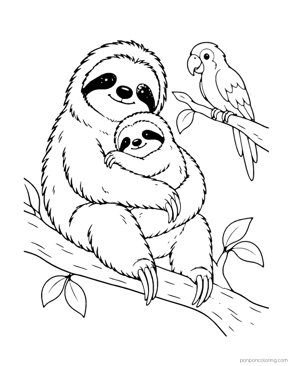 Large sloth holding a young sloth on a branch while a parrot perches nearby.