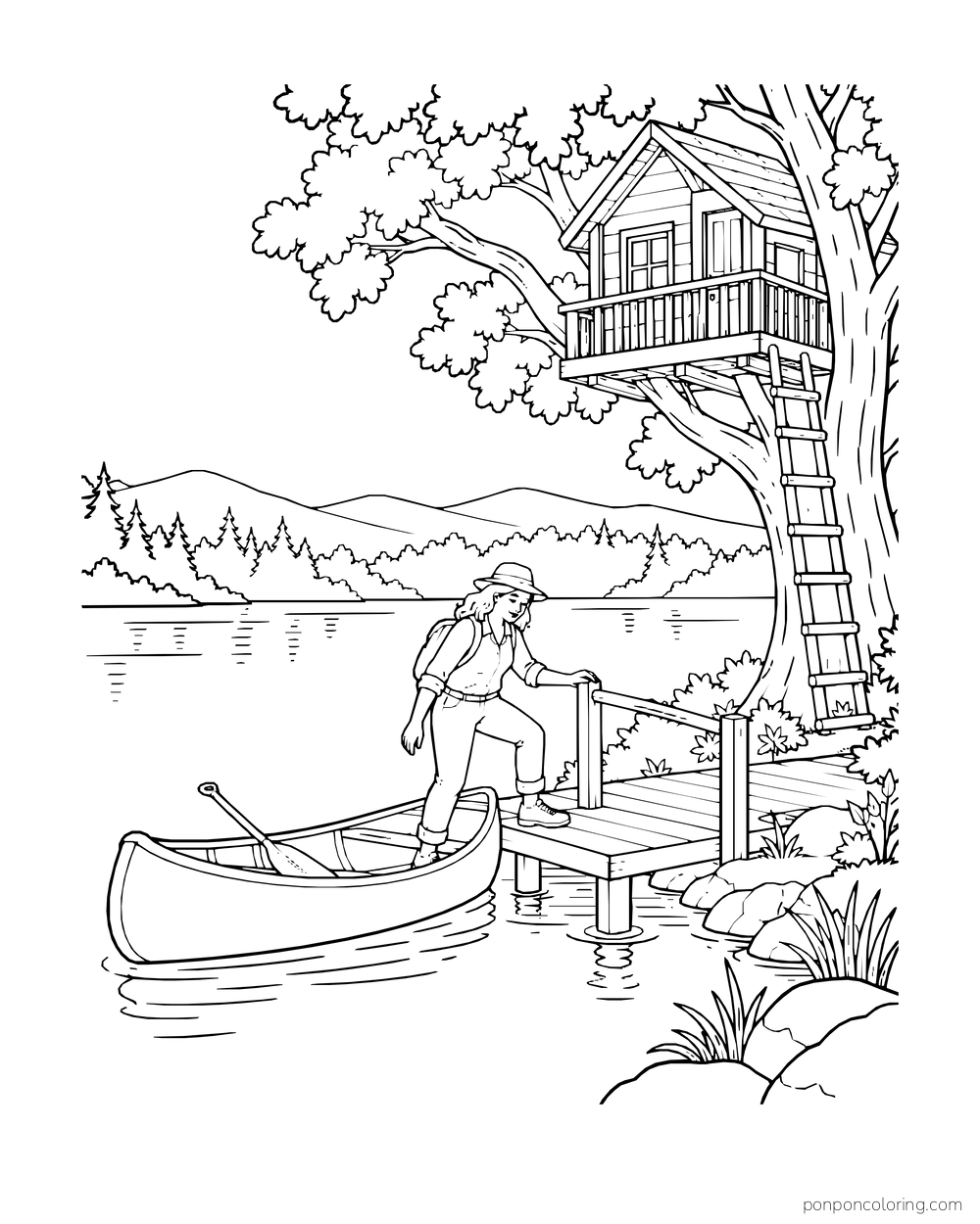 An adult steps from a canoe onto a landing below a lakeside treehouse, with a paddle in the boat.