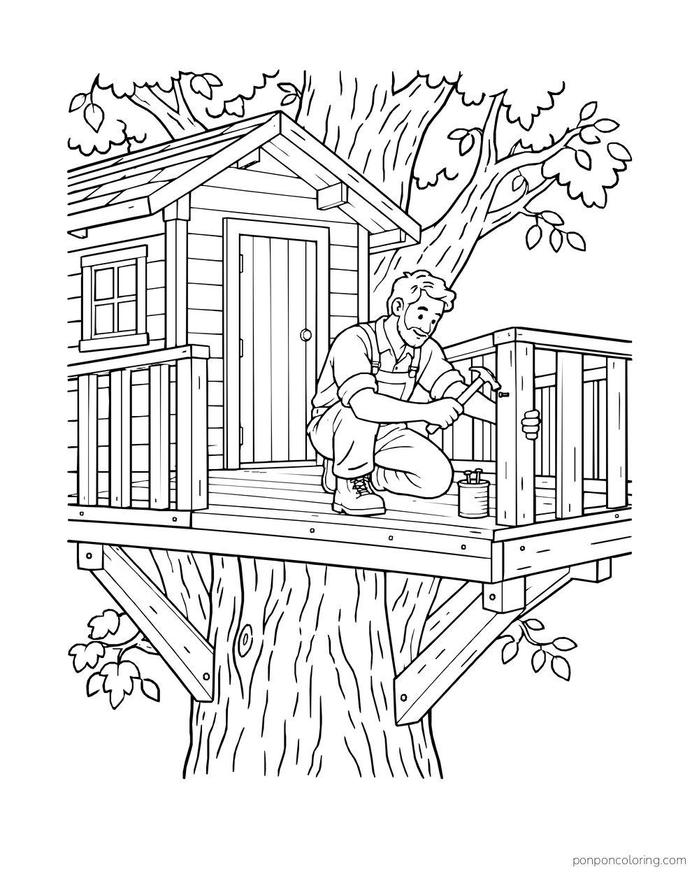An adult crouches with a hammer beside a treehouse porch rail and a small tin.
