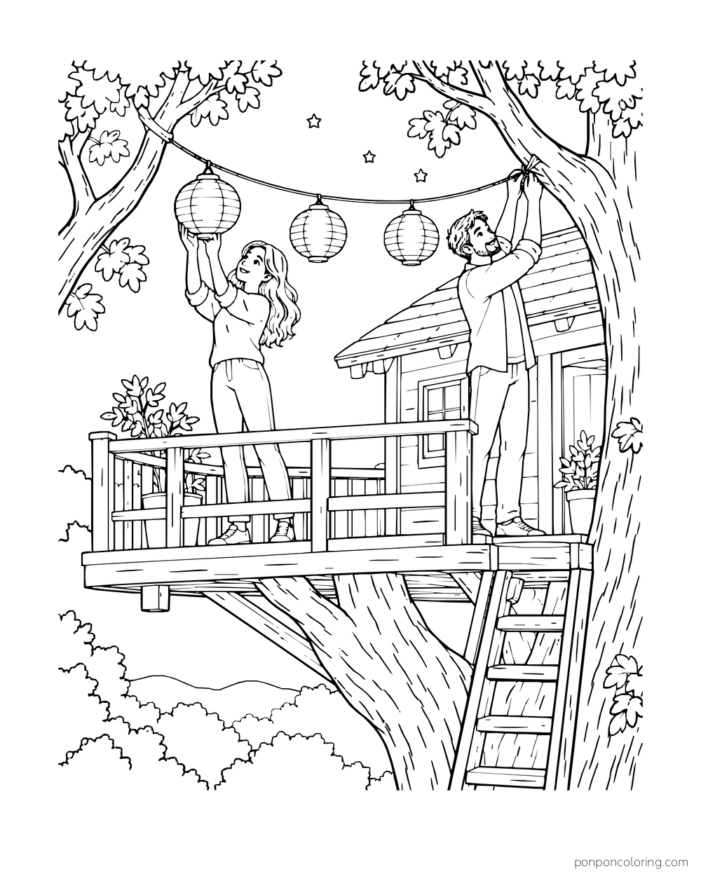 Two adults hang three paper lanterns across a treehouse deck.