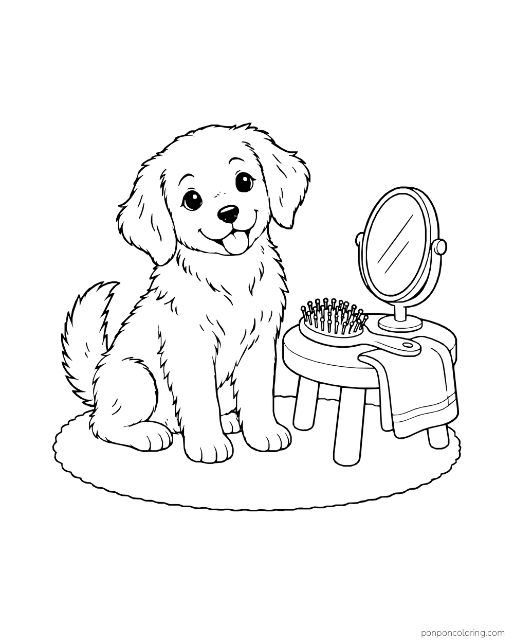 A tidy fluffy puppy sits beside a brush and small mirror on a low table.