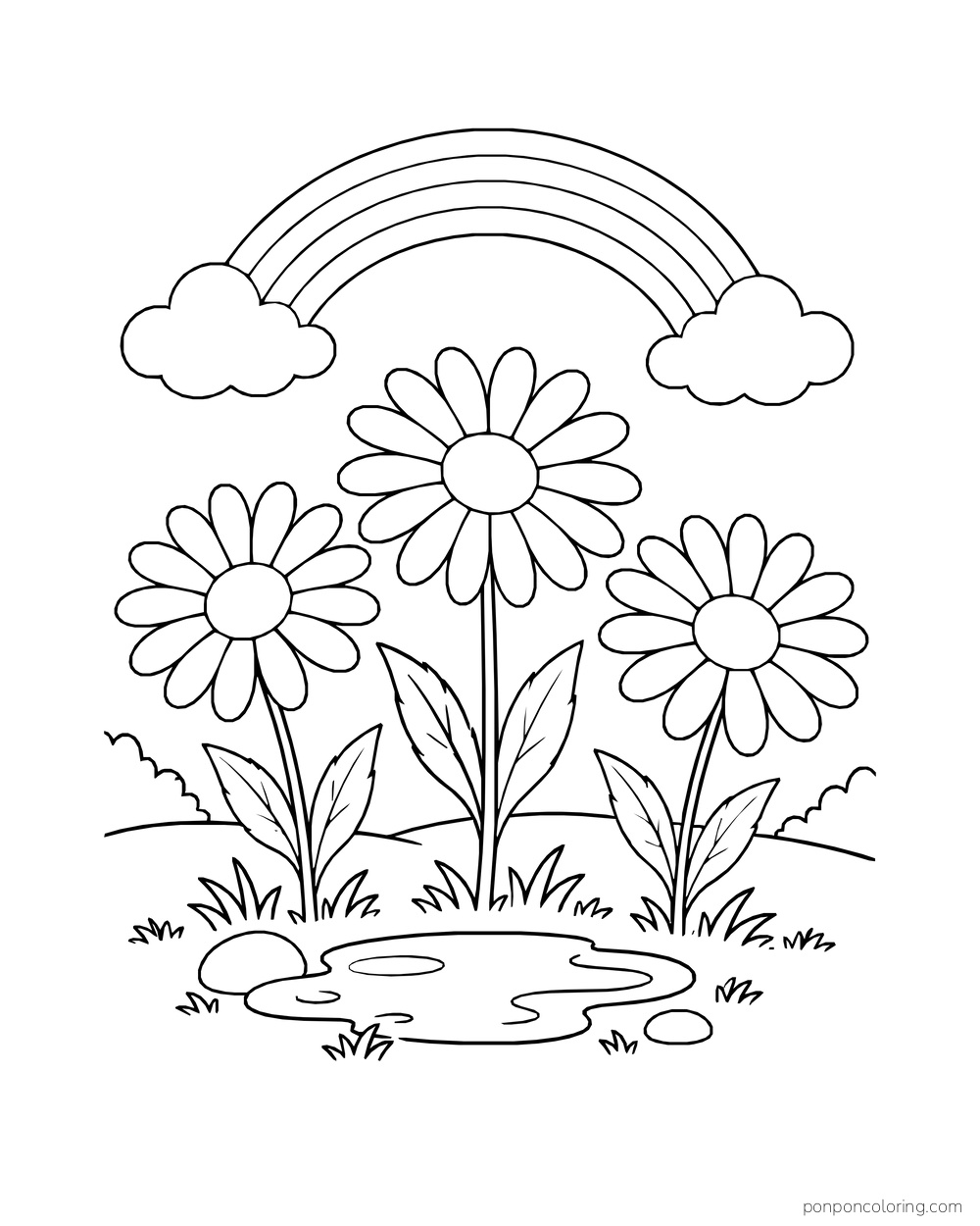 Three daisies stand below a broad rainbow and two clouds beside a puddle.