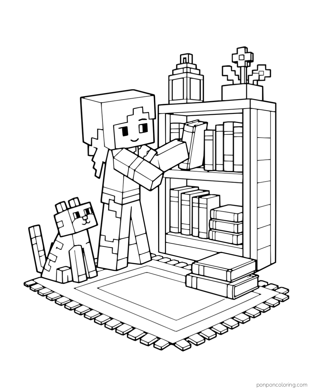 Alex places a book on a bookshelf beside a cat, a rug, and a small stack of books.