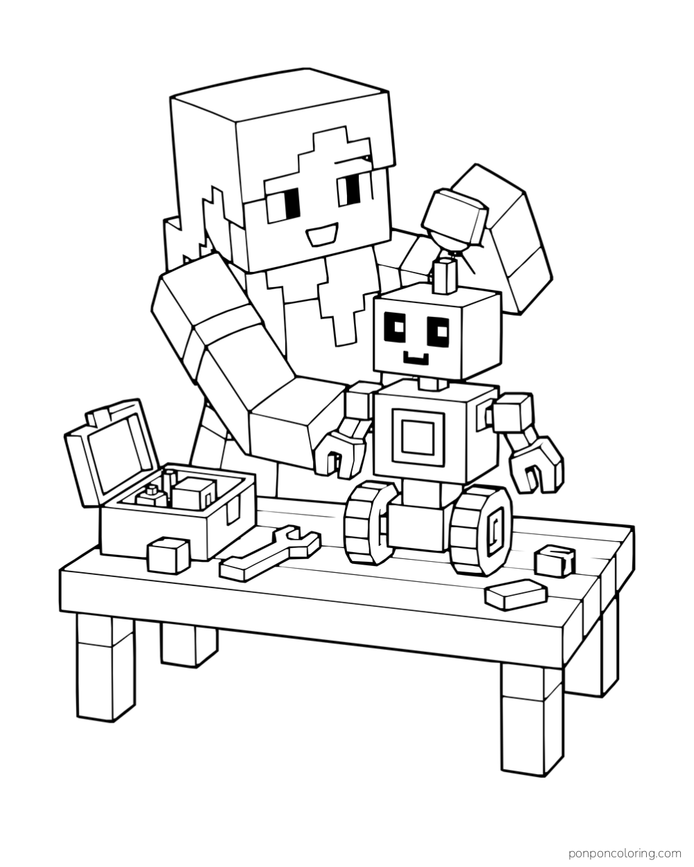 Alex uses a tool on a small toy robot at a workbench with an open toolbox.