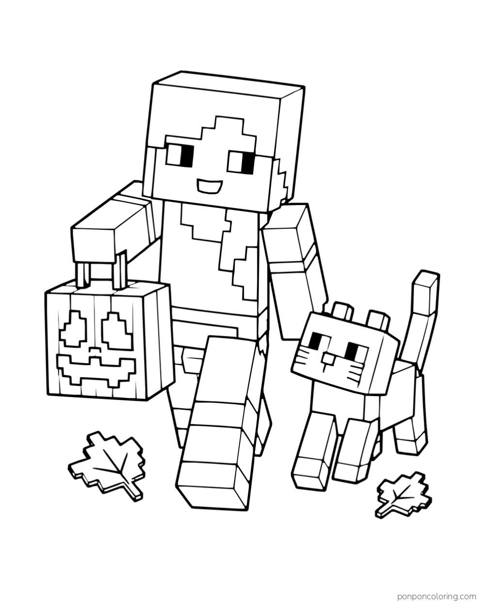 Alex carries a pumpkin lantern while a cat walks beside her among fallen leaves.