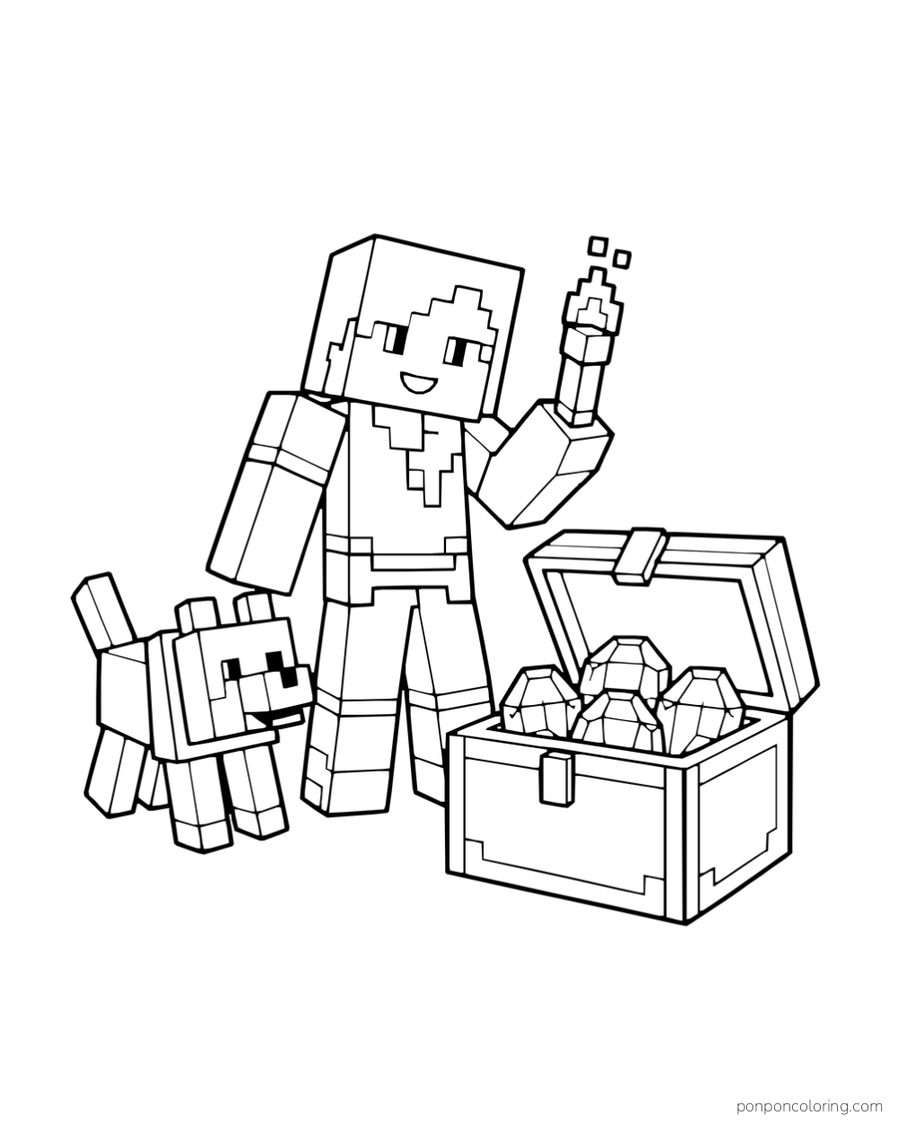 Alex raises a torch beside a wolf and an open chest filled with gems.