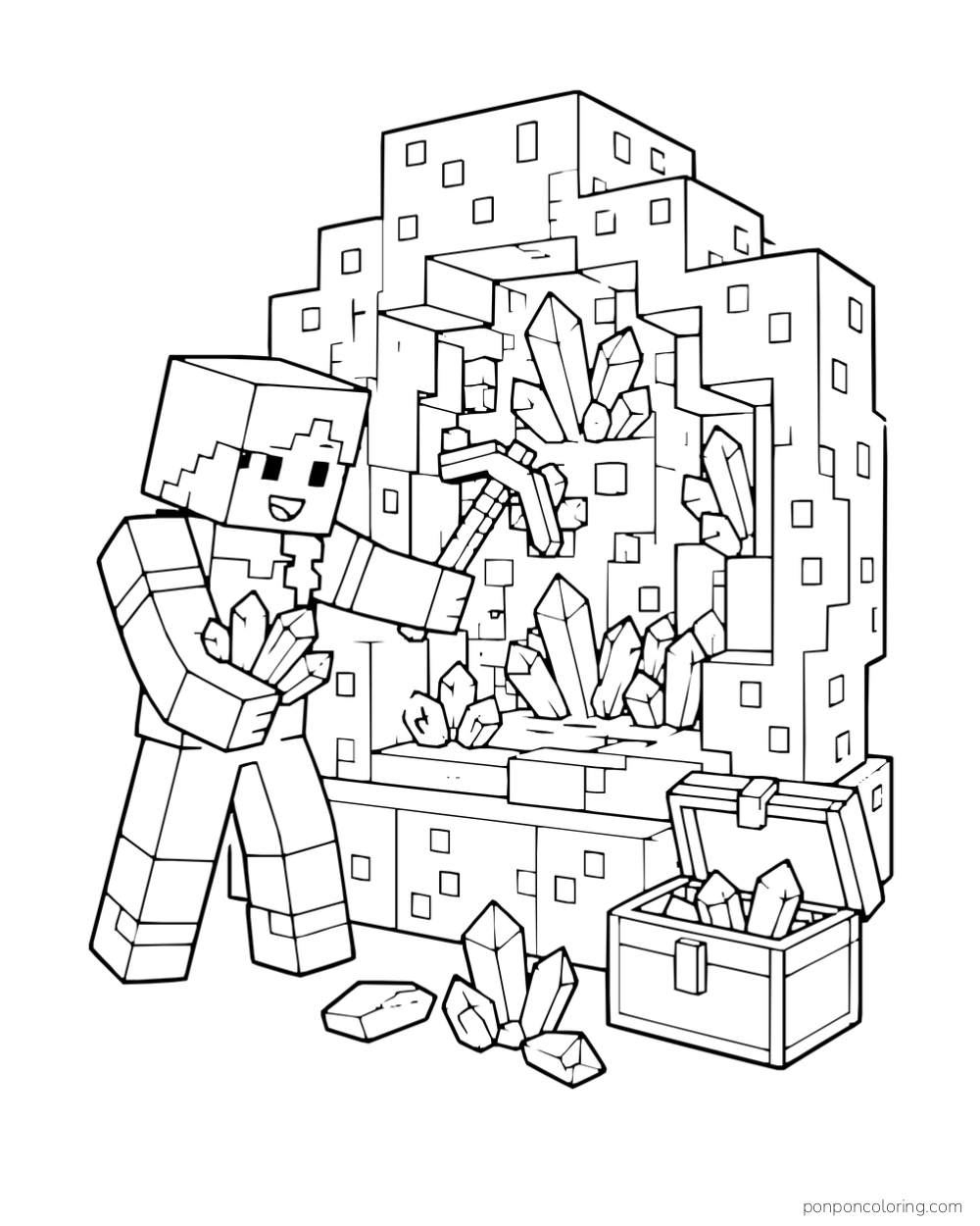 Alex holds crystals and a pickaxe beside an amethyst geode and a chest.