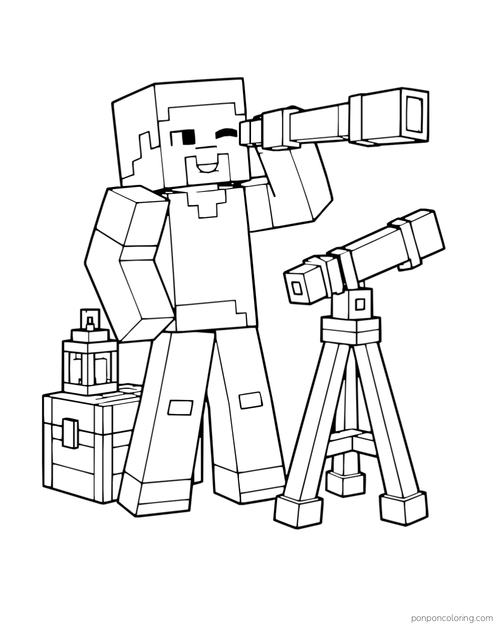 Alex holds a telescope beside another telescope on a tripod and a lantern on a crate.