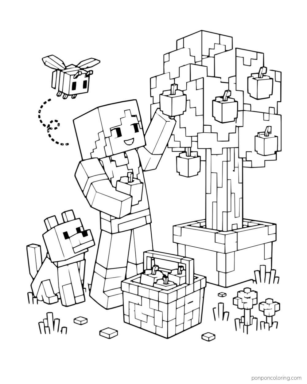 Alex picks blocky apples from a potted tree beside a wolf, a basket, and a bee.