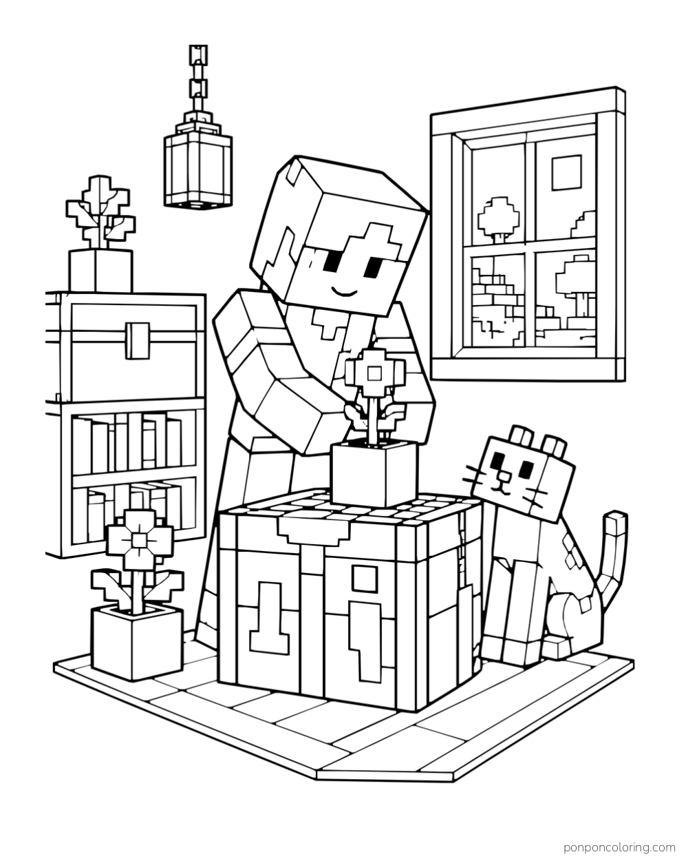 Alex plants a blocky flower at a crafting table while a cat sits beside her.