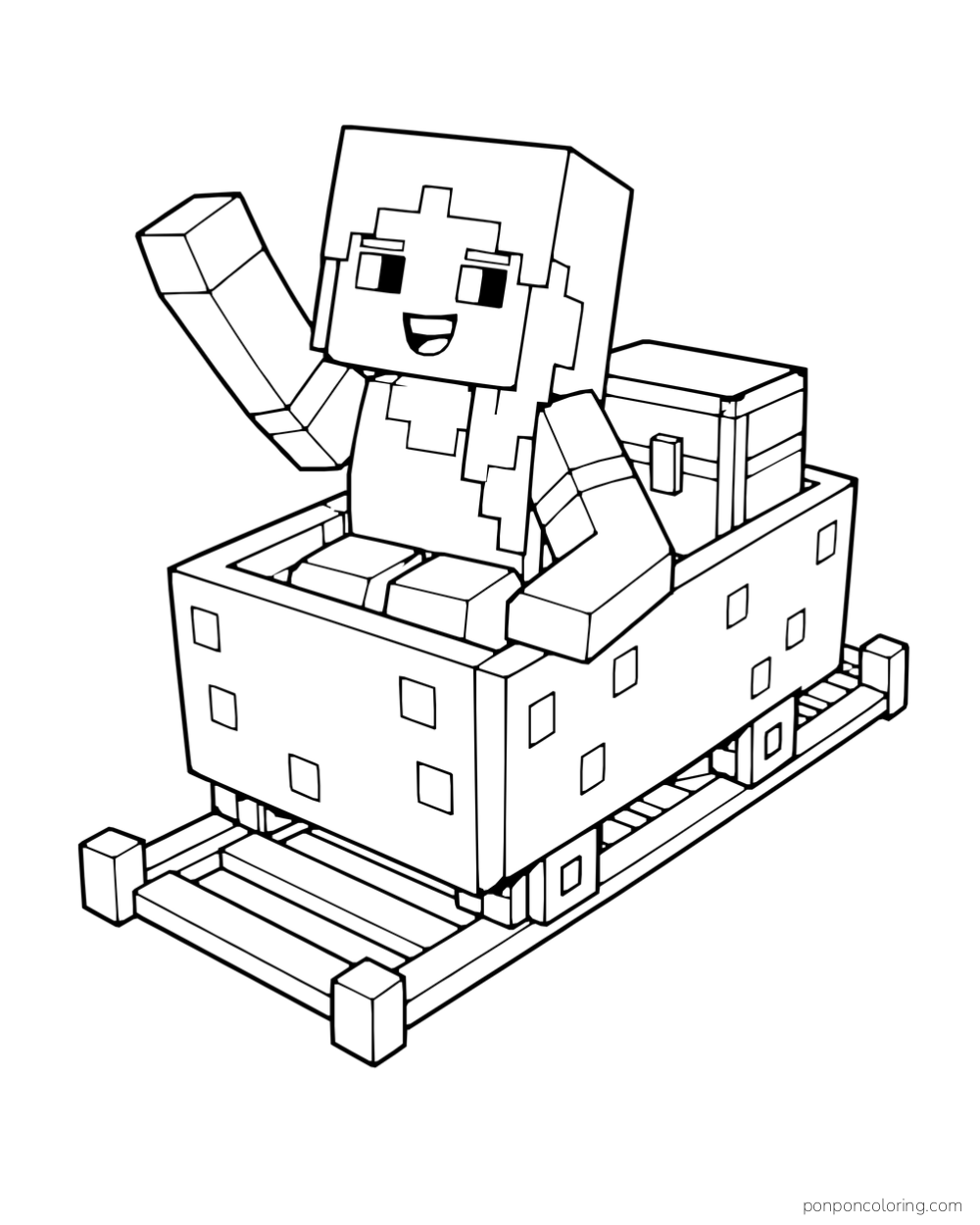 Alex waves from a minecart carrying a chest on a short section of track.
