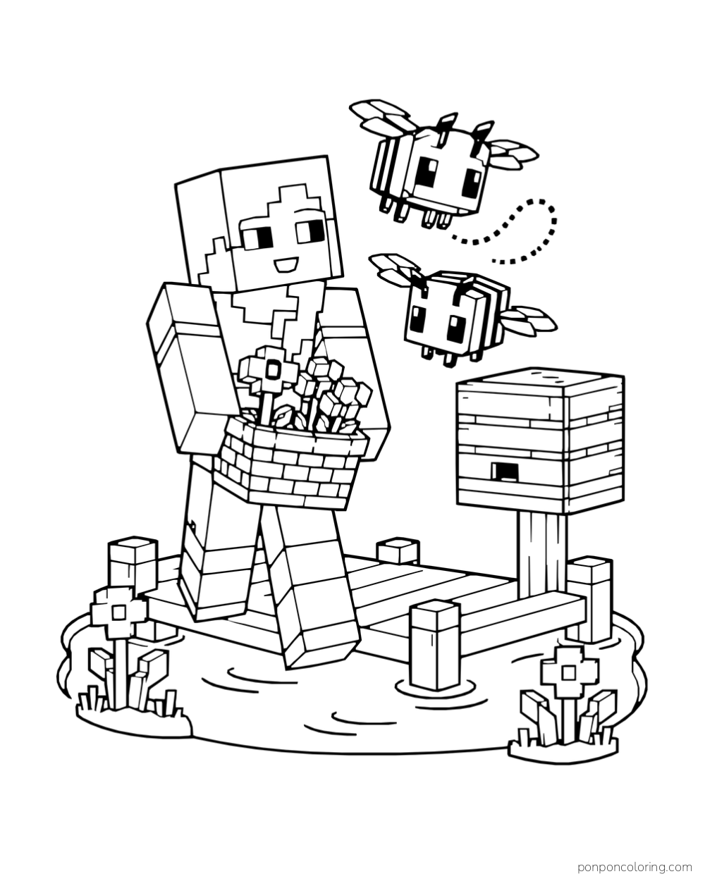 Alex carries a flower basket on a small platform beside a hive and two bees.