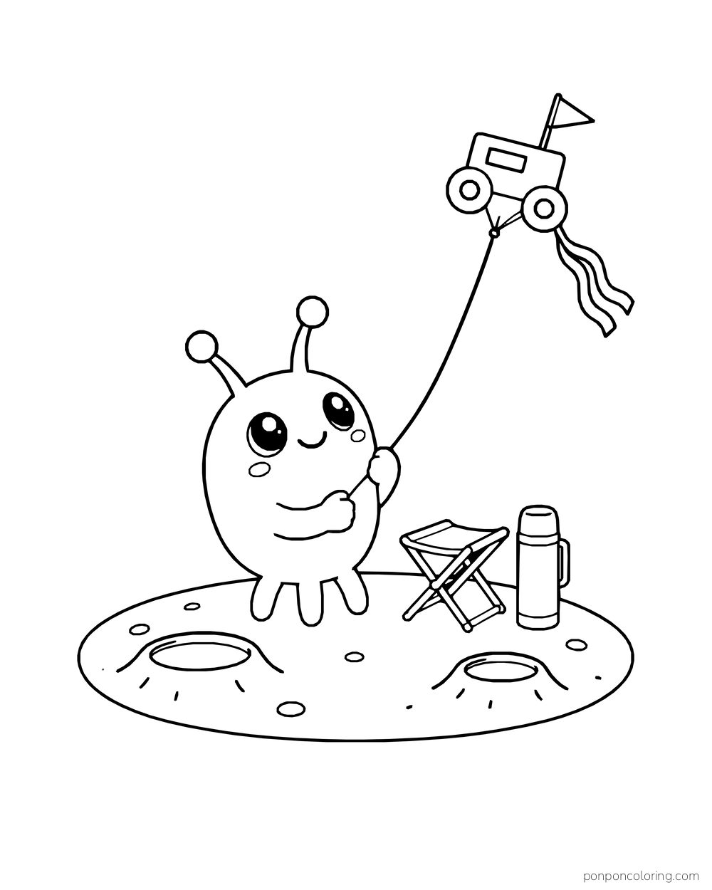 A three-legged alien flying a rover-shaped kite beside a folding stool and thermos on the moon.