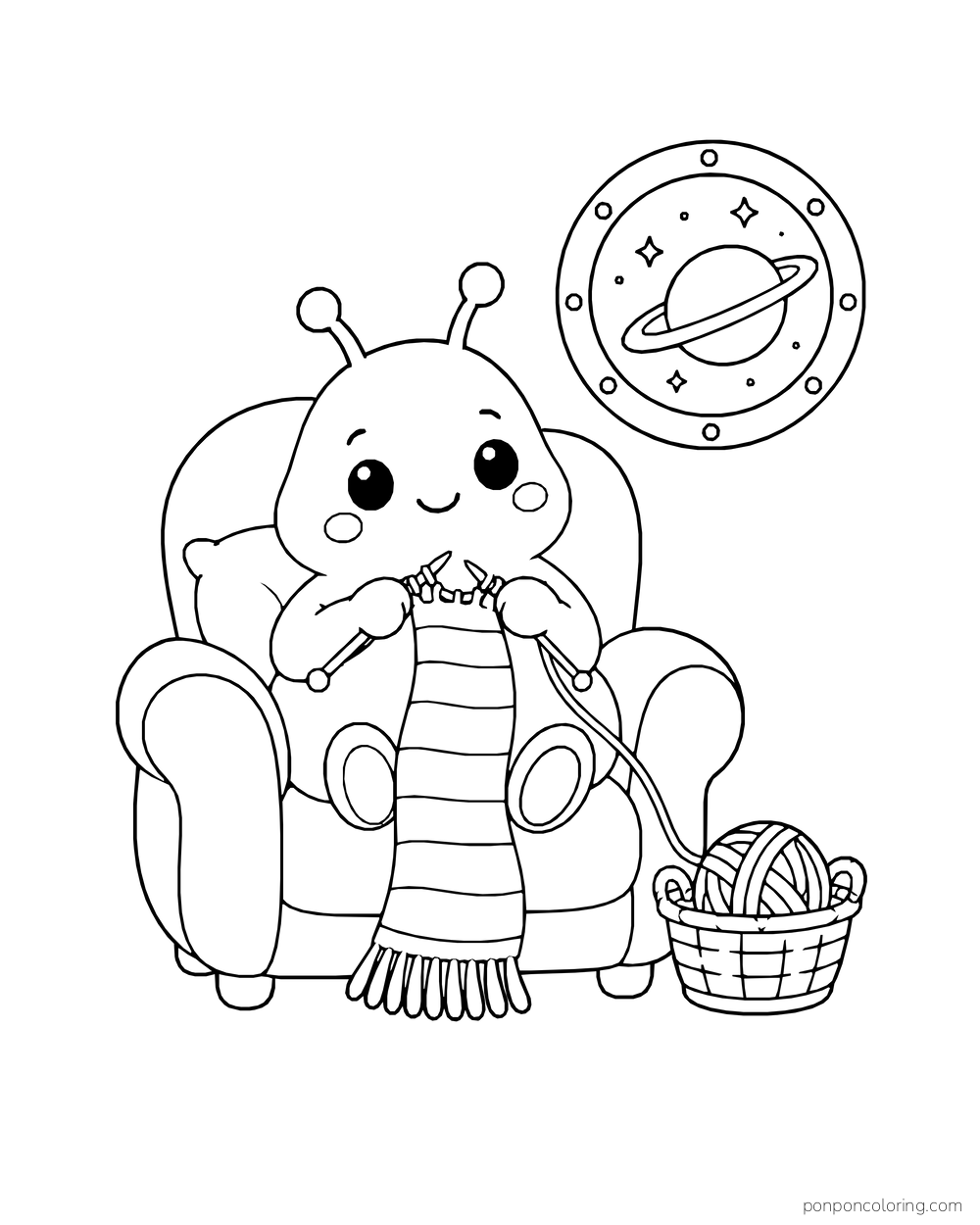 A round alien knitting a striped scarf in an armchair beside yarn and a planet porthole.