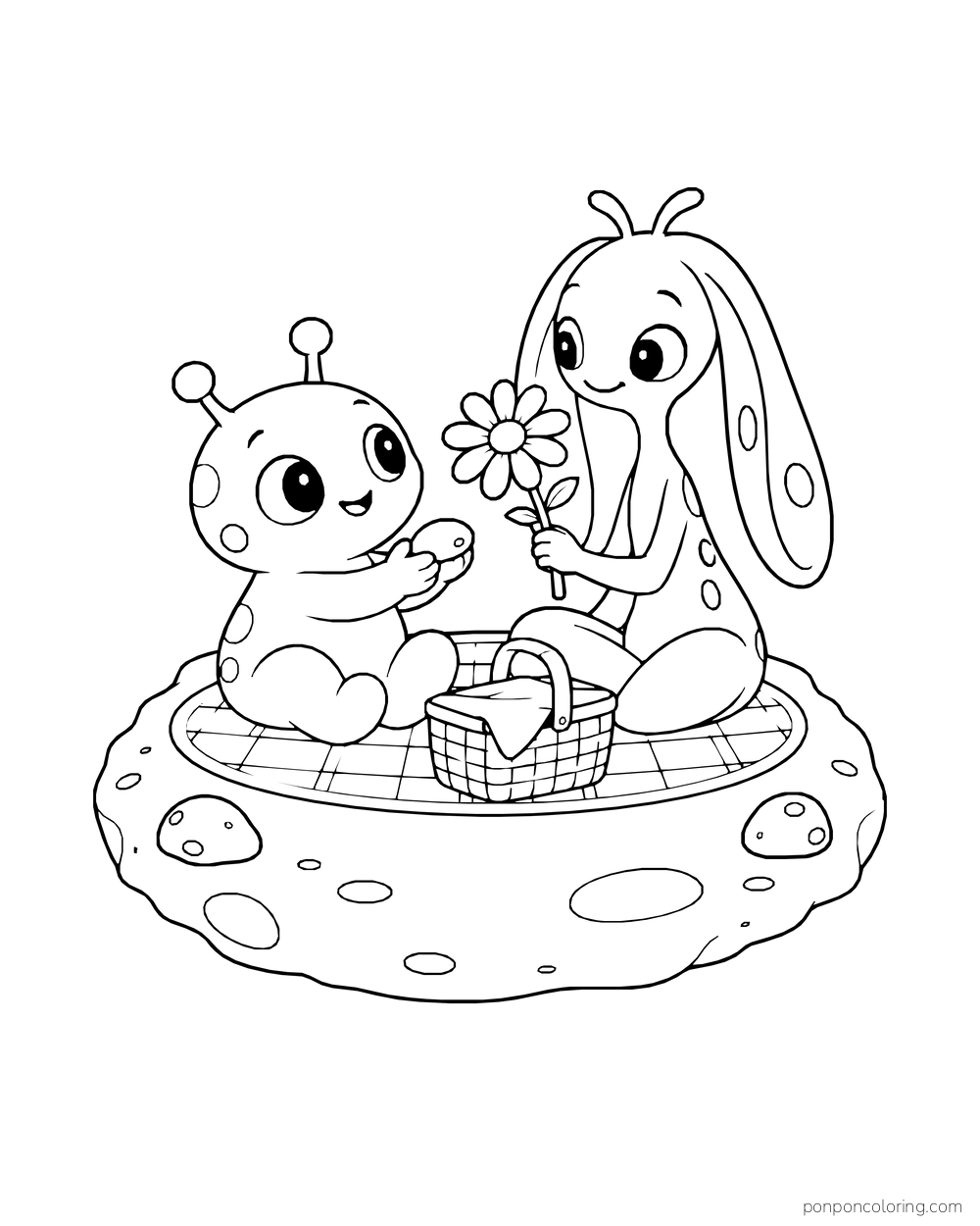 Two different aliens exchanging a pebble and a daisy on a moon picnic blanket.