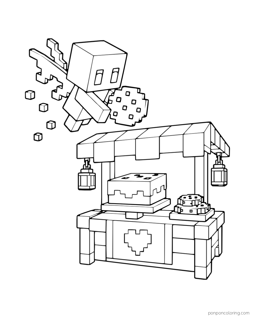 An allay carries a cookie above a small stall displaying cake and cookies.