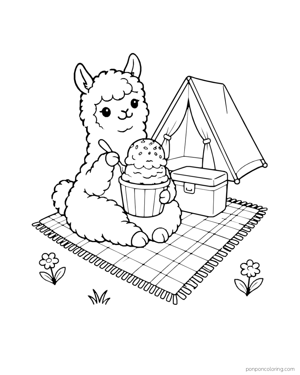 An alpaca sits beside a tent and cooler with a large two-scoop ice cream cup on a blanket.