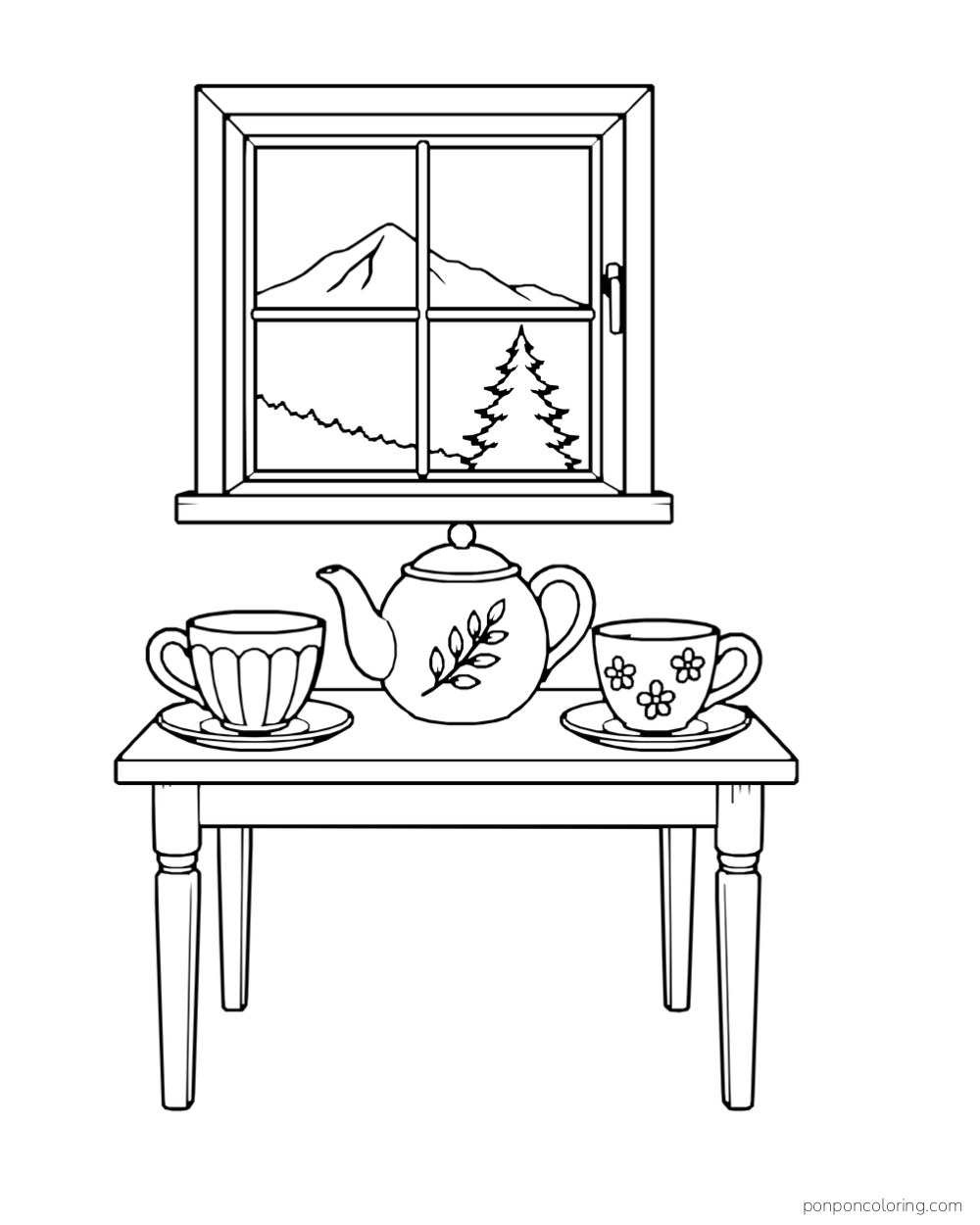 Two cups and a teapot sit on a small table below a window with mountains outside.