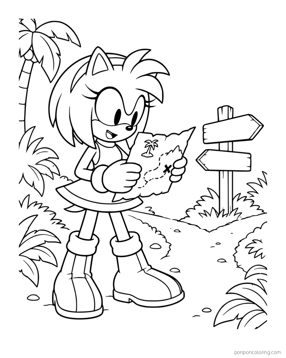 Amy holding a map beside a signpost and tropical plants.