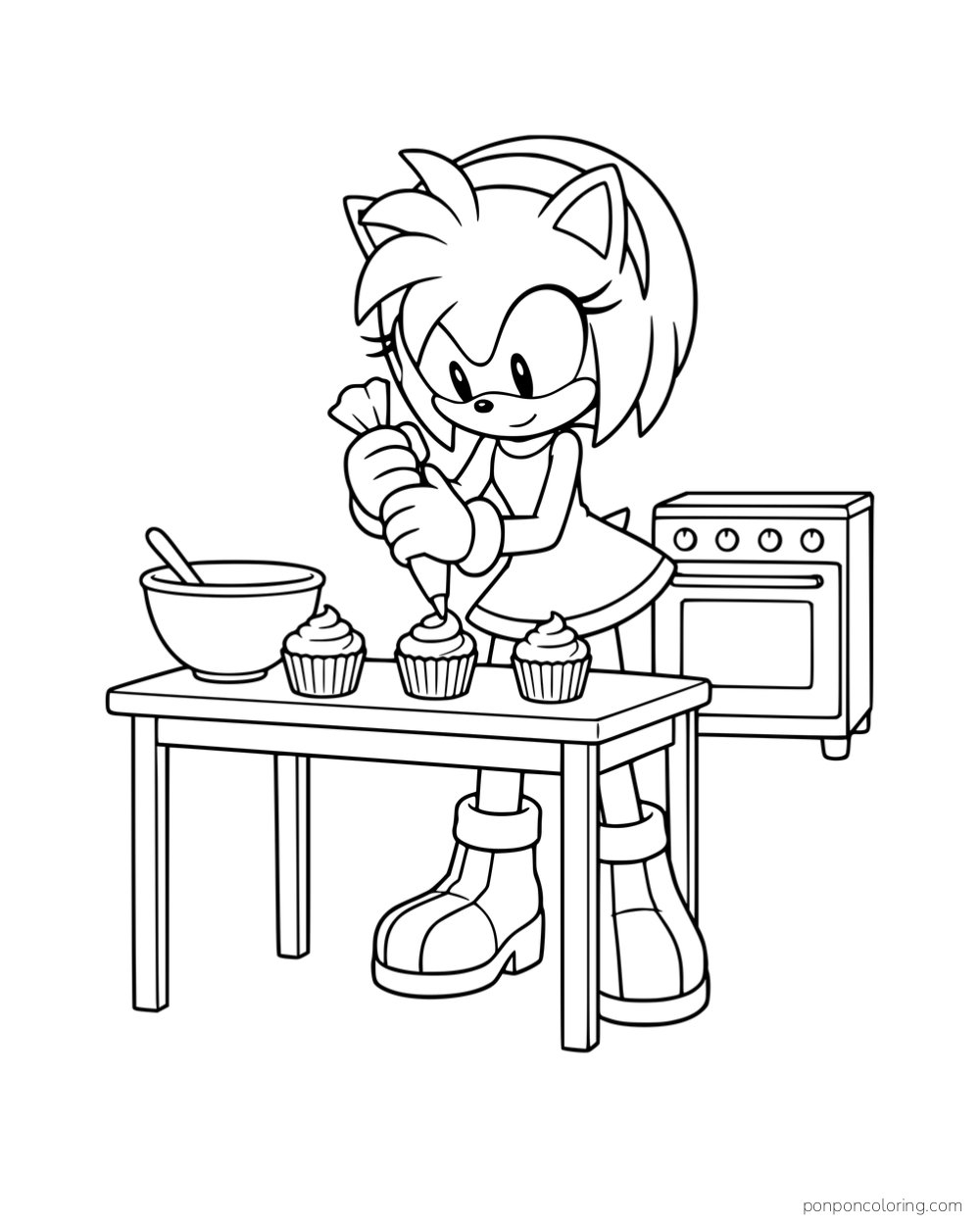Amy piping frosting onto cupcakes at a kitchen table.