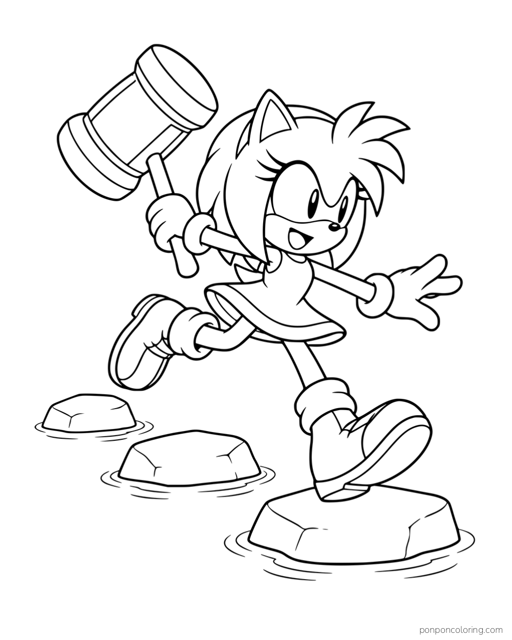 Amy carrying her hammer as she jumps between stepping stones.