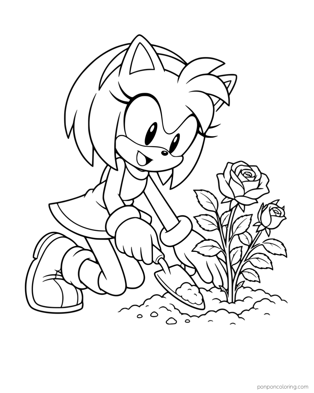 Amy kneeling beside a rose plant with a gardening tool.