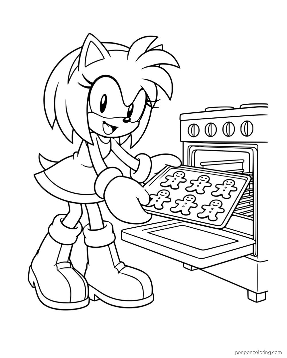 Amy holding a tray of gingerbread cookies beside an open oven.