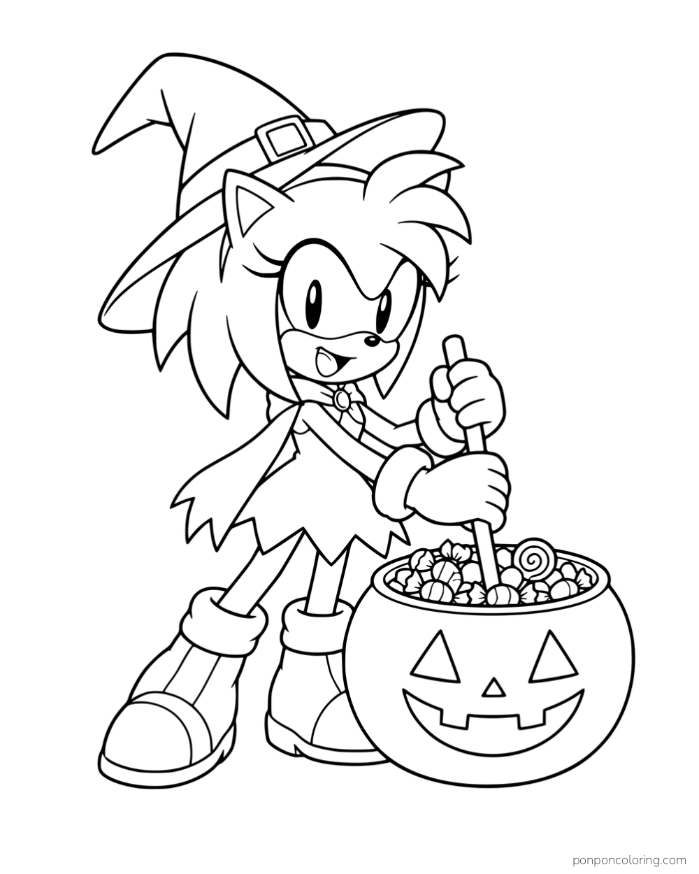 Amy wearing a witch hat and stirring a pumpkin-shaped pot.