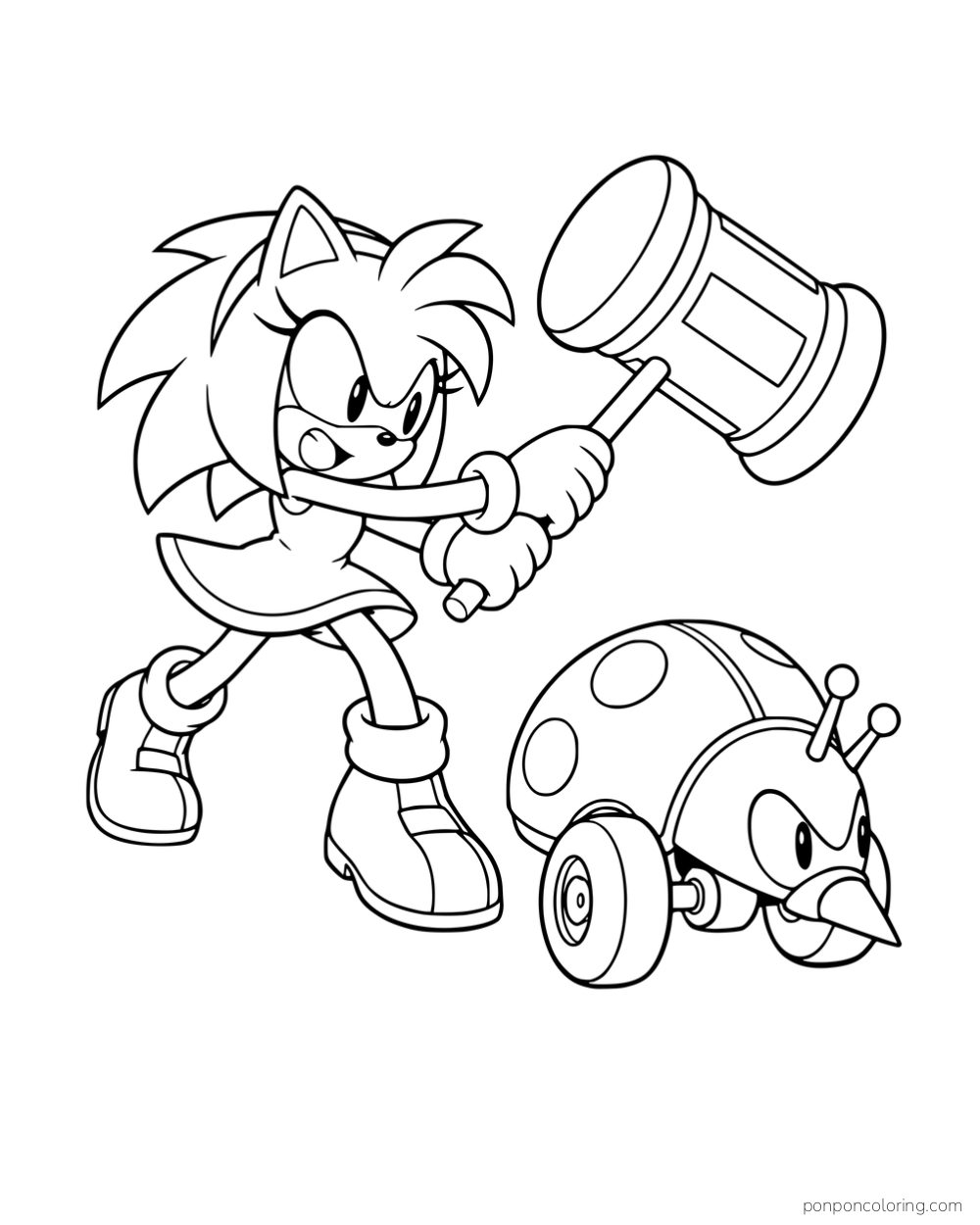 Amy swinging her hammer toward a small wheeled robot.