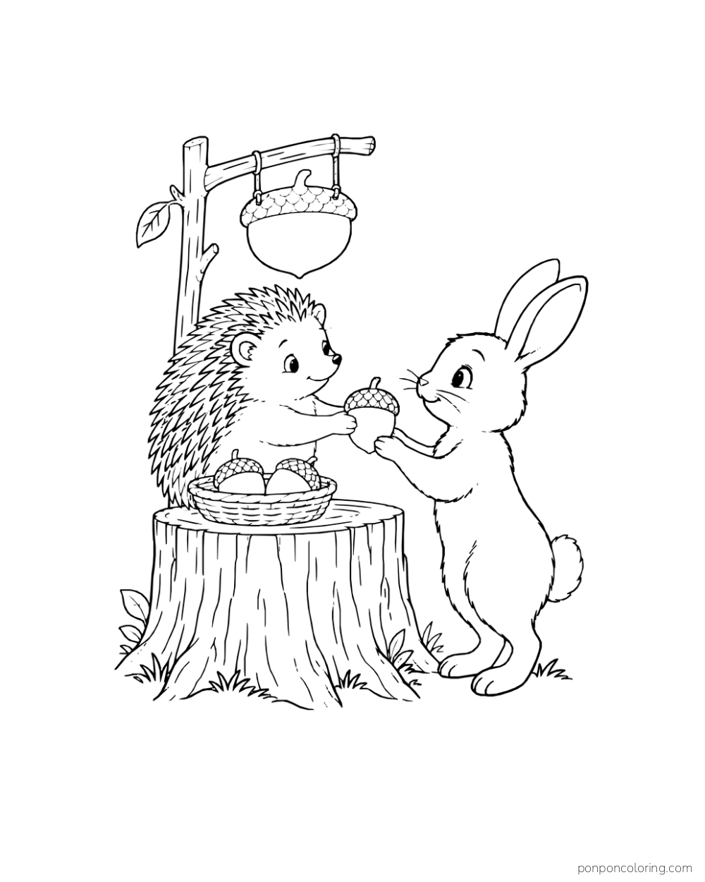 A hedgehog hands an acorn to a rabbit beside a tree-stump stall with a basket of acorns.