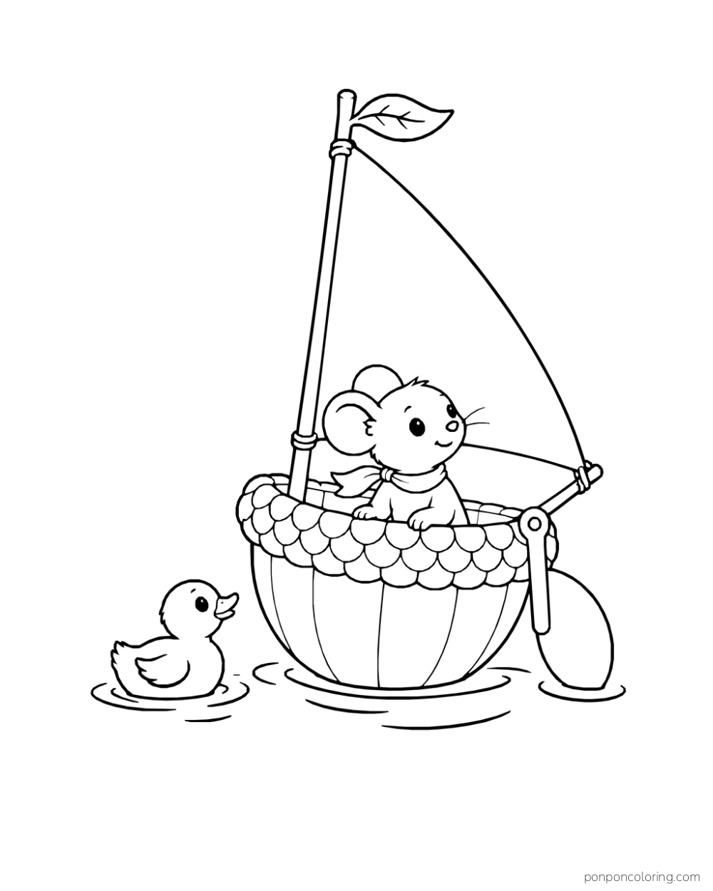 A mouse rides in an acorn-cap sailboat near a duck, with a broad sail and an oar beside the boat.