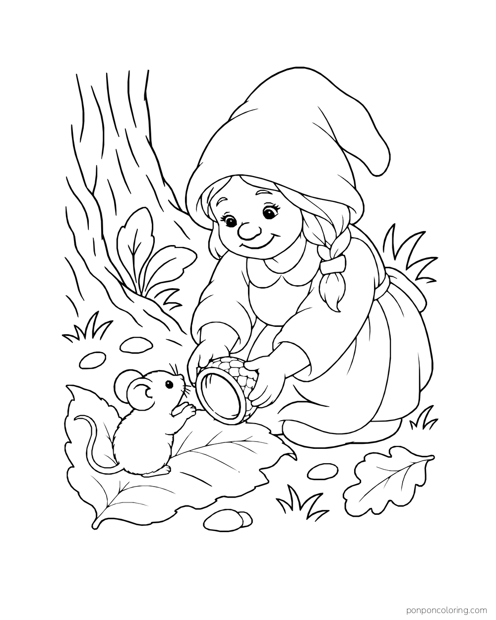 Braided gnome offering an acorn cup to a mouse on a leaf beneath a tree.