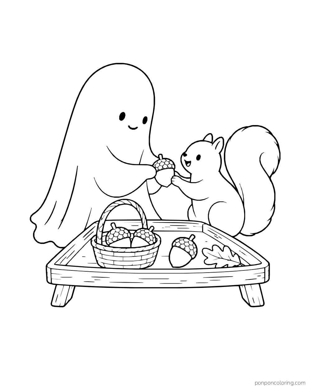 A ghost offers an acorn to a squirrel beside a basket on a low table.