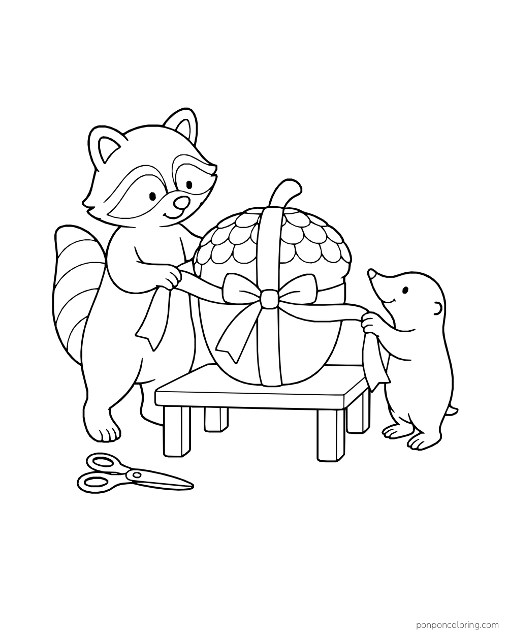 A raccoon and a mole tie a ribbon around an acorn-shaped gift box on a small table.