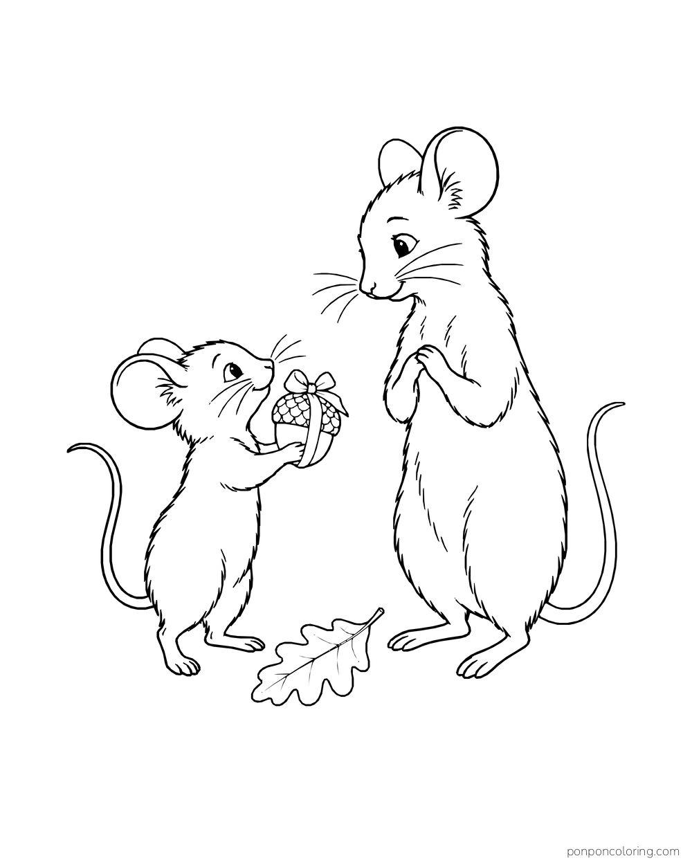 A small mouse holds up a ribbon-wrapped acorn gift to a taller mouse, with an oak leaf at their feet.