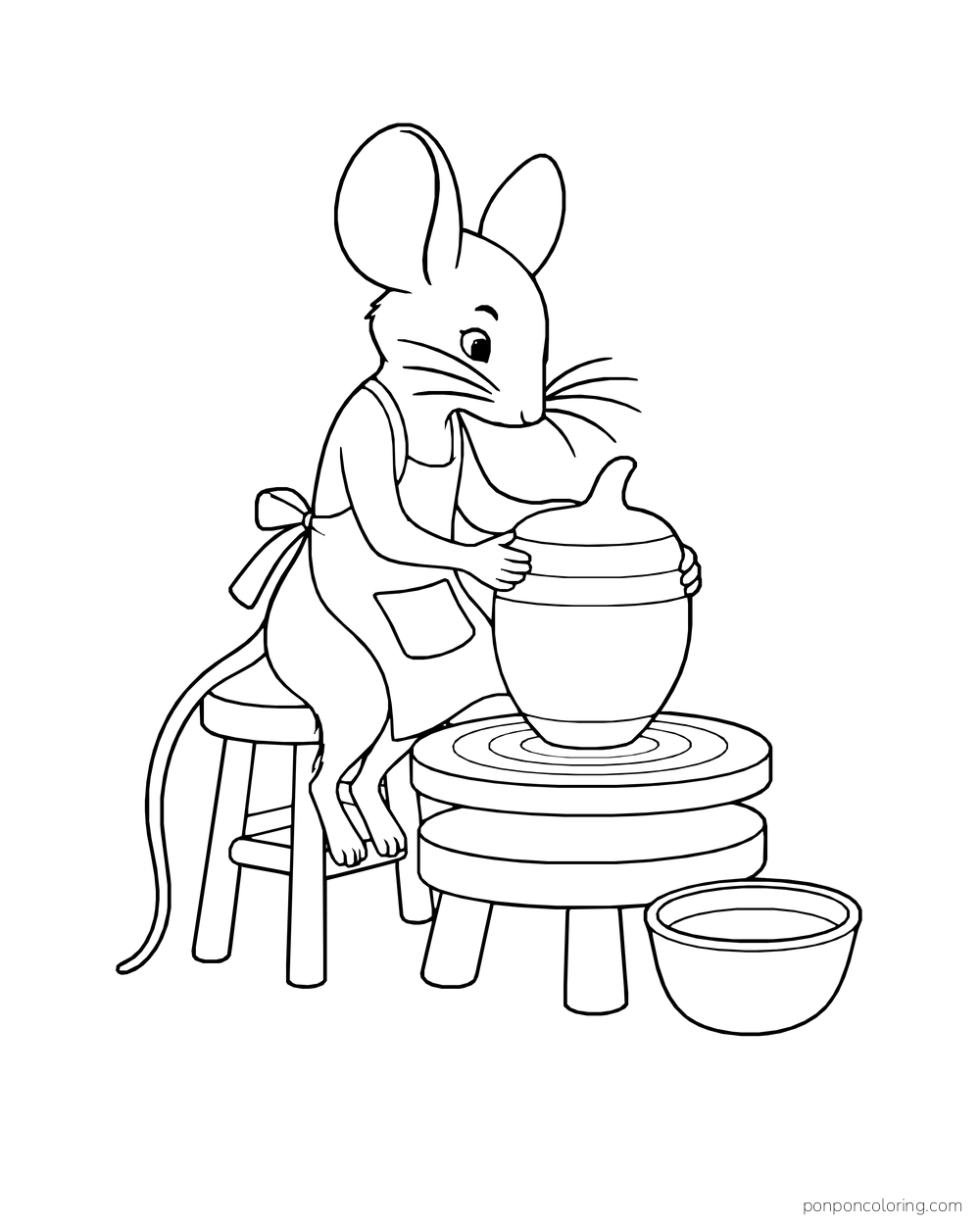 A mouse wearing an apron holds an acorn-shaped pot on a pottery wheel, with a water bowl beside it.
