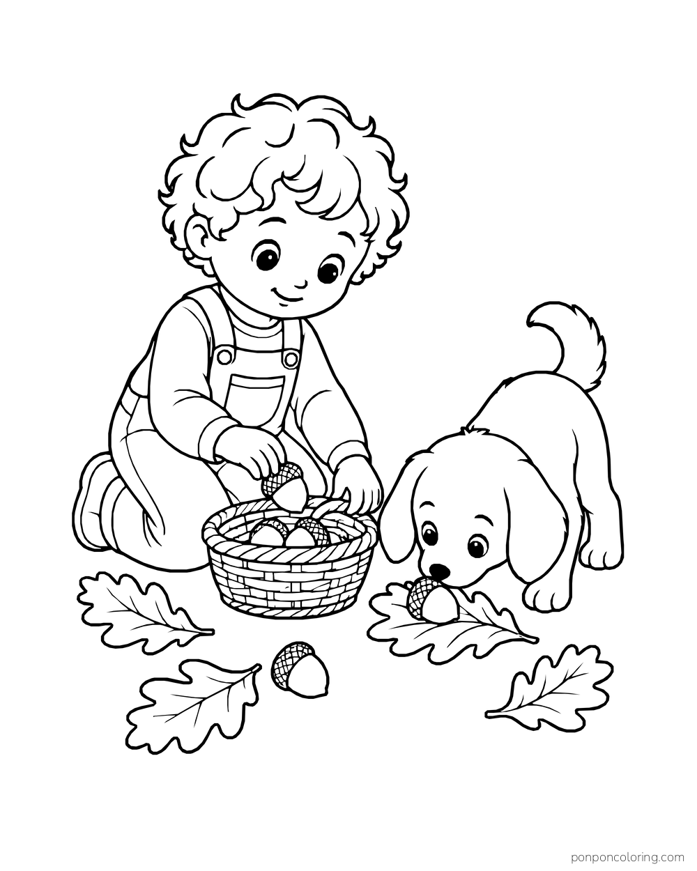A curly-haired child kneels beside a basket of acorns while a puppy sniffs an acorn on an oak leaf.