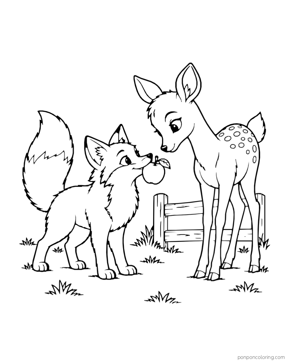 A fox holds an apple toward a young deer beside a short fence.